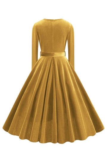 Yellow V Neck Pleated Long Sleeves 1950s Dress